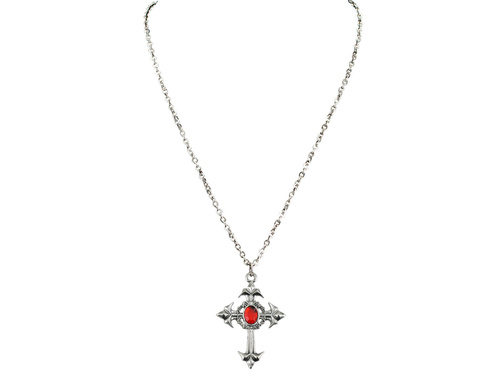Gótikus kereszt nyaklánc piros kővel - 1 db.