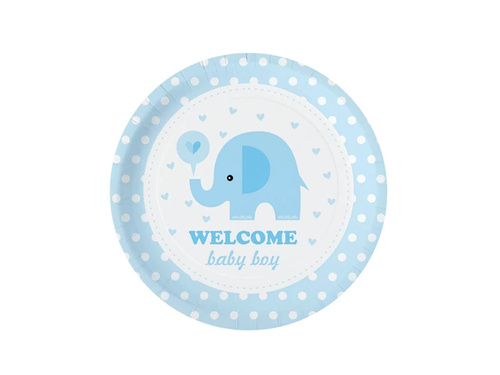 Papírtányérok babaköszöntőhöz Elefánt kék - 18 cm - 6 db.