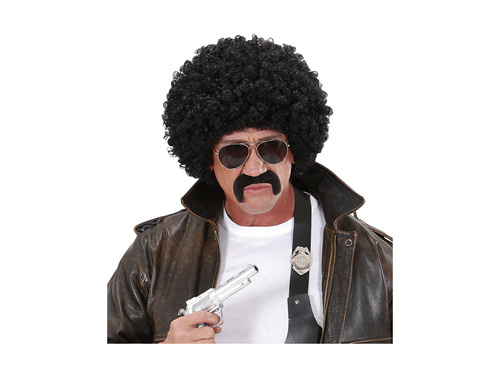 Fekete göndör ügynök paróka bajusszal és napszemüveggel
