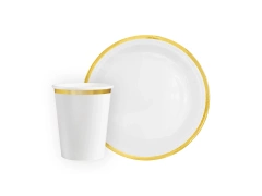 Papírpohár + tányér készlet fehér, arany peremmel - 12 db.