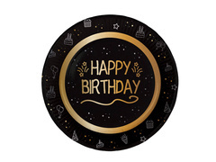 Boldog születésnapot papírtányér fekete - 23 cm - 8 db.