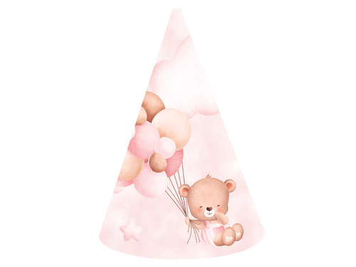 Papírsapkák rózsaszín mackók lufikkal - 6 db.