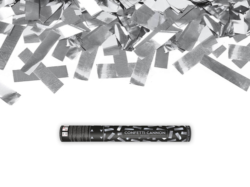 Lövőcső - ezüst metál konfetti és szórószalag - 40 cm - 1 db.