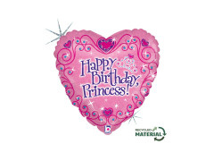 Boldog születésnapot fóliából készült szív lufi hercegnői tiarával - 14" - 1 db.