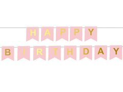 Rózsaszín zászlós banner Happy Birthday felirattal - 190 cm - 1 db.