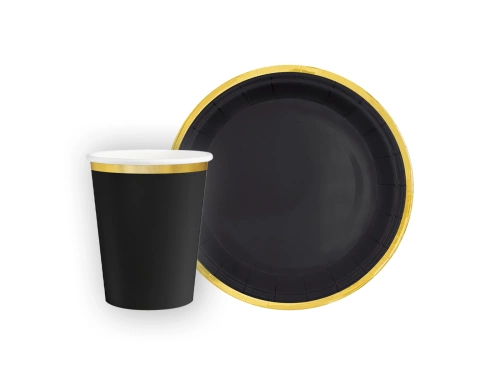 Készlet poharak + papírtányérok fekete színű, arany peremmel - 12 db.