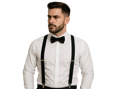 Fekete merevítő kiegészítő szett nagy csokornyakkendővel - 2 db.