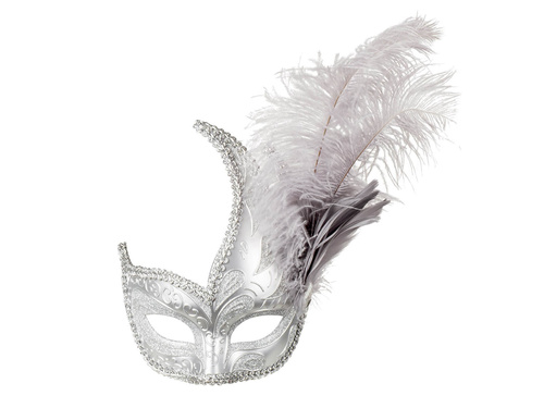 Ezüst farsangi maszk Lady tollakkal - 1 db.