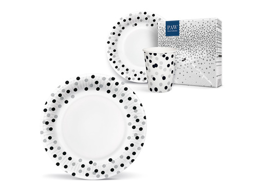 Papírtányérok születésnapokra Konfetti ezüst és fekete - 18 cm - 8 db.