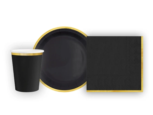 Csészék + szalvéták + papírtányérok fekete színű, arany peremmel - 22 db.