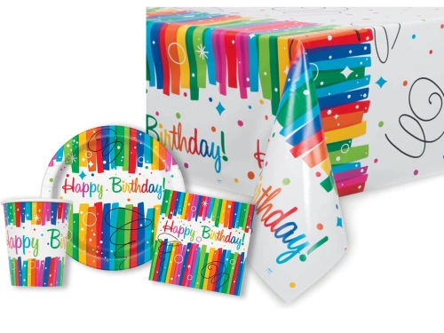 Szivárvány Happy Birthday terítő + poharak + tányérok + papírszalvéta szett - 33 db.