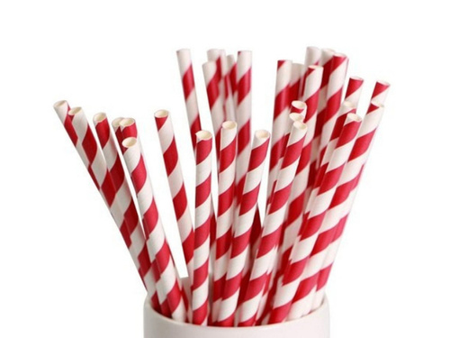 Egyenes papír szívószál piros csíkokkal - 20 db.