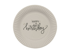Bézs színű Happy Birthday papírtányér - 23 cm - 8 db.