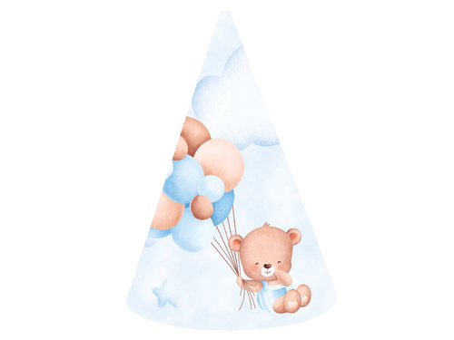 Kék papír sapkák Mackók lufikkal - 6 db.