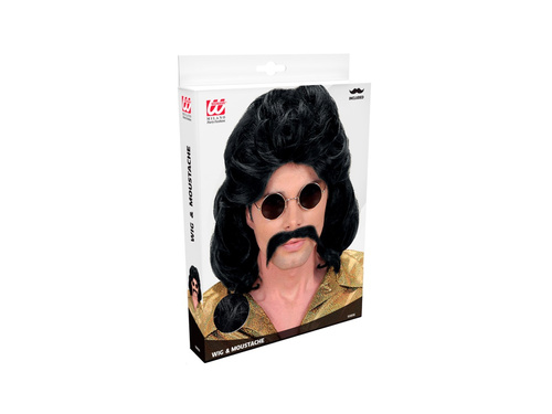 Fekete 1970-es évekbeli fazettás paróka bajusszal