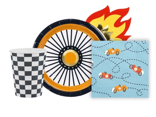 Poharak + tányérok + papírszalvéták készlet Racing Cars motívummal - 36 darab.