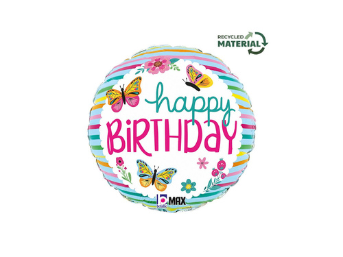 Boldog születésnapot kerek fólialufi pillangókkal - 14" - 1 db.