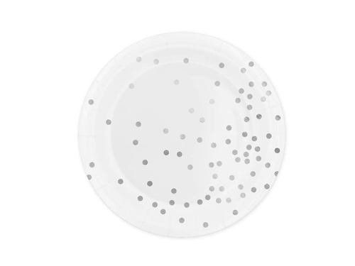 Fehér papírtányérok ezüst pöttyökkel - 18 cm - 6 db.