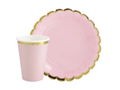 Készlet csészékből + papírtányérokból rózsaszín arany színben - 24 db.
