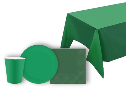 Asztalterítő szett + poharak + szalvéták + papírtányérok zöld - 45 db.
