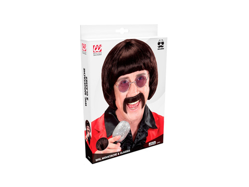 Barna parókás énekesnő az 1960-as évekből. bajusszal és szemüveggel