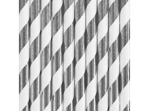 Ezüst metál csöves szívószálak fehér csíkokkal - 10 db.