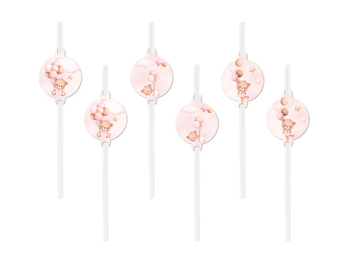 Rózsaszín mackó szívószál lufival - 6 db.