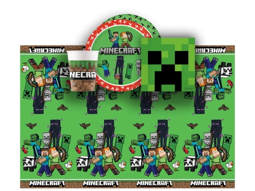 Asztalterítő szett + poharak + tányérok + Mineraft papírszalvéta - 37 db.