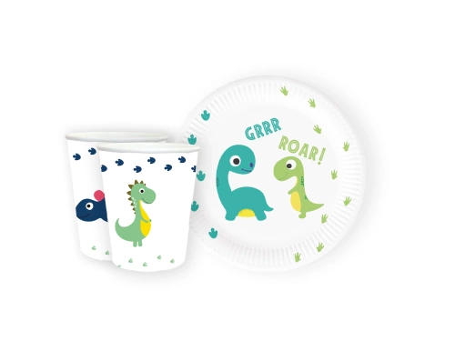 Vidám dinoszauruszok papírpohár + tányér készlet - 24 db.