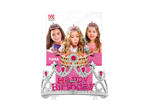 Ezüst boldog születésnapot tiara rózsaszín ékszerekkel