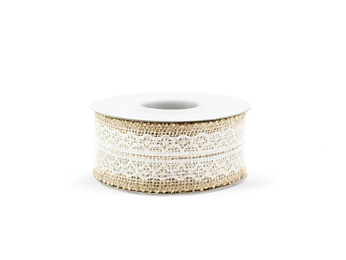 Jutaszalag fehér csipkével, 40 mm / 5 m, 1 db.