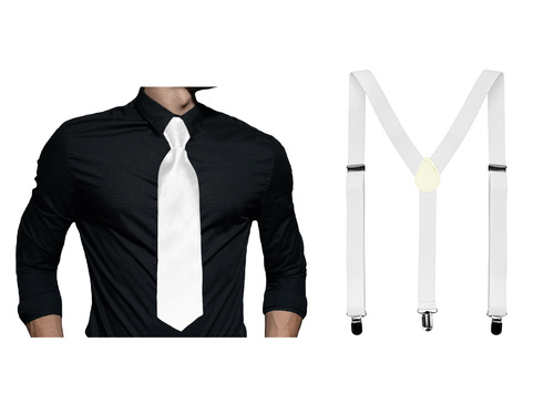 Fehér nadrágtartó kiegészítő szett rövid nyakkendővel - 2 db.