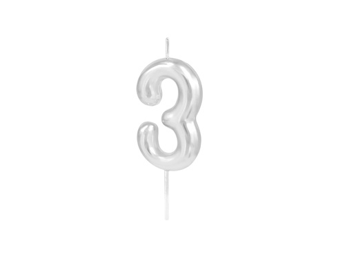 Fém ezüst számgyertya - 3 - 1 db.