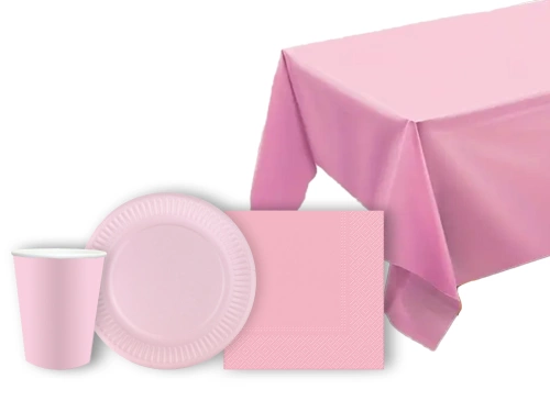 Asztalterítő szett + poharak + szalvéták + papírtányérok rózsaszín - 45 db.