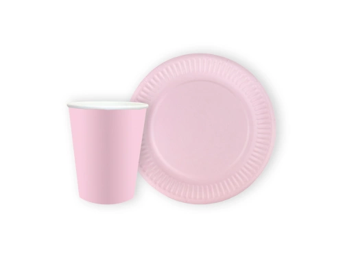 Rózsaszín papírpoharak + tányérok készlet - 24 db.
