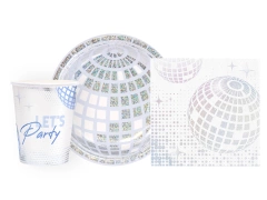 Ezüst diszkó 1960-as évek papírpoharak + tányérok + tányérok készlet - 22 db.