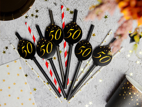 Csillogó fekete szívószálak ötvenedik születésnapra - 6 db.