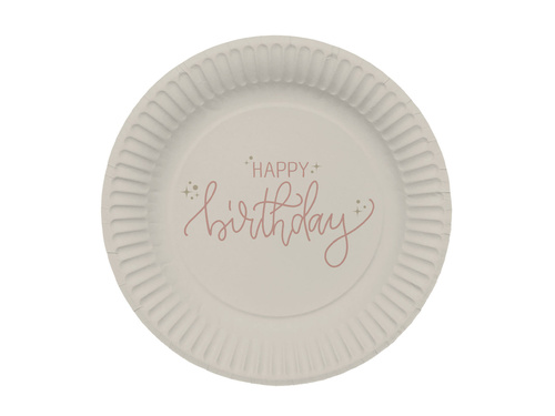 Bézs színű Happy Birthday papírtányér - 23 cm - 8 db.