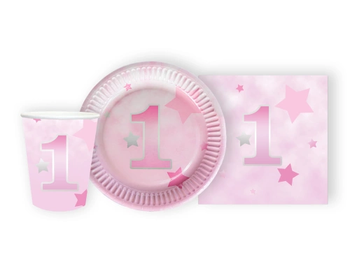 Csészék + szalvéták + papírtányérok készlet a születésnapi partira Stars pink - 44 db.