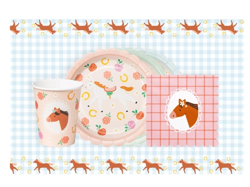 Asztalterítő szett + poharak + tányérok + papírszalvéták Lovak - 37 db.