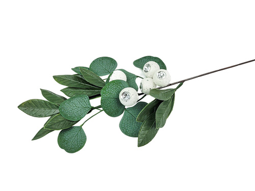 Eukaliptusz dekoratív ágdísz fehér gömbökkel - 49 cm - 1 db.