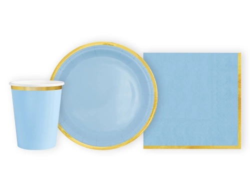 Csészék + szalvéták + papírtányérok kék arany peremmel - 22 db.