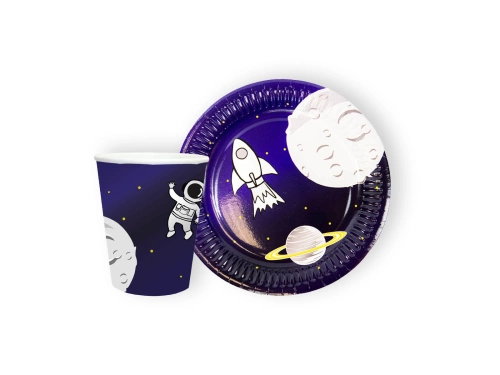 Kozmosz terítő + poharak + papírtányérok készlet - 25 db.