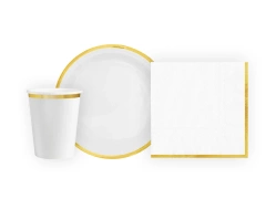 Csészék + szalvéták + papírtányérok fehér, arany peremmel - 22 db.