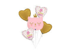 Csokor rózsaszín cica fólia lufi szívekkel Happy Birthday Princess - 21" + 14" - 5 db.