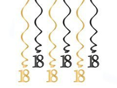 Lógó dekoráció örvények 18. születésnapi bulira arany és fekete - 6 db.