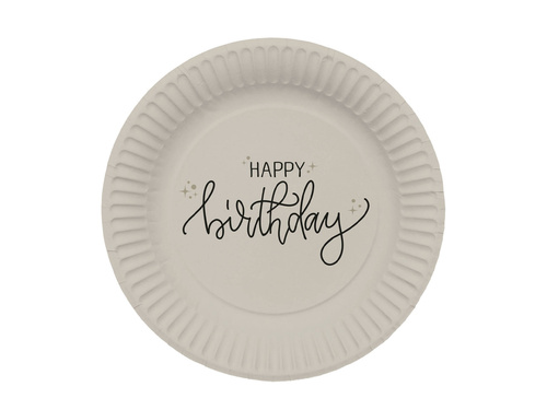 Bézs színű Happy Birthday papírtányér - 23 cm - 8 db.