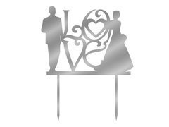 Tükrözött plexiüveg ezüst tortadísz Szerelem a menyasszonnyal és a vőlegénnyel - 16,5 cm