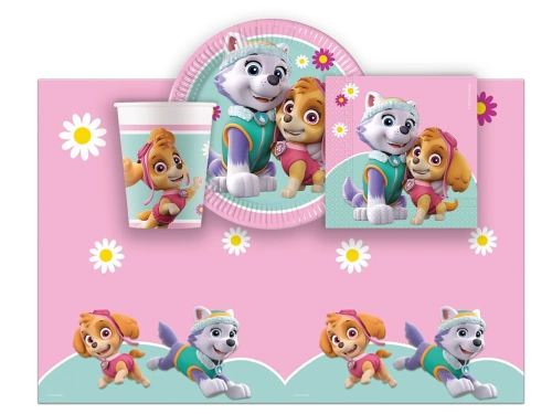 Asztalterítő szett + poharak + tányérok + papírszalvéták Psi Patrol Skye és Everest - 37 db.