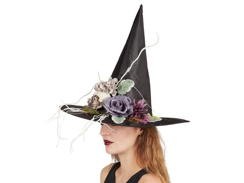 Boszorkány kalap virágokkal Halloweenre - 1 db.